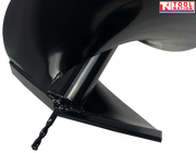 Close-up of a black auger bit tip with spiral point, cutting plate, and curved flighting.