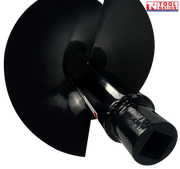 Close-up of a black auger bit showing spiral flighting, warning label, and square drive end.
