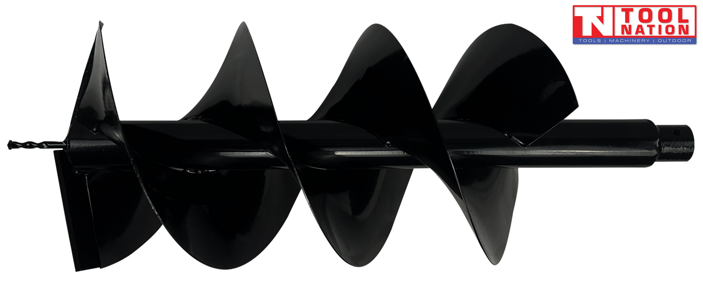 Side view of a black auger bit with spiral flighting, pointed tip, warning label, and square drive end.