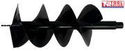 Side view of a black auger bit with spiral flighting, pointed tip, warning label, and square drive end.