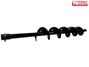 Low angled view of a black auger bit showing pinned end, shaft, and spiral flighting.