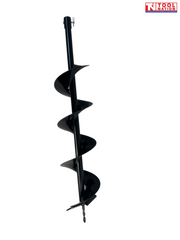 Vertical view of a black auger bit with spiral flighting, top pin clip, cutting plate, and pointed drill tip.