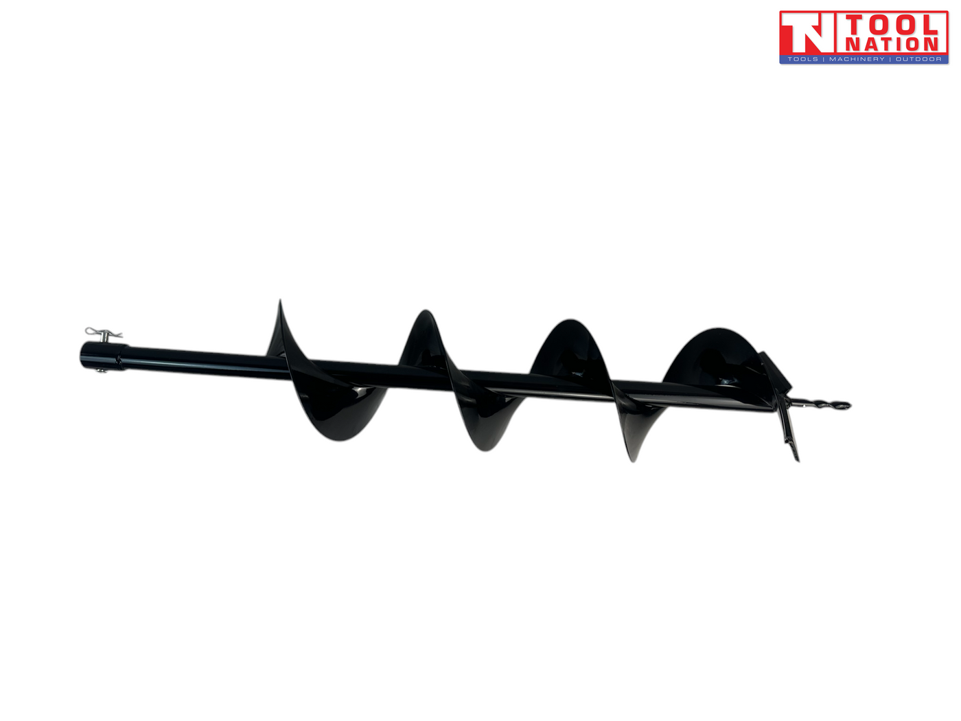 Side view of a black auger bit with pin clip, spiral flighting, cutting plate, and pointed drill tip.