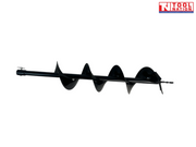 Side view of a black auger bit with pin clip, spiral flighting, cutting plate, and pointed drill tip.