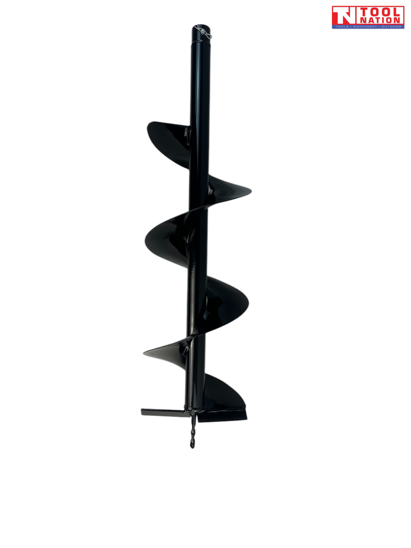 Vertical view of a black auger bit with spiral flighting, top pin clip, cutting plate, and pointed drill tip.