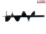 Side view of a black auger bit lying horizontally with drill tip, cutting plate, spiral flighting, and pin clip.