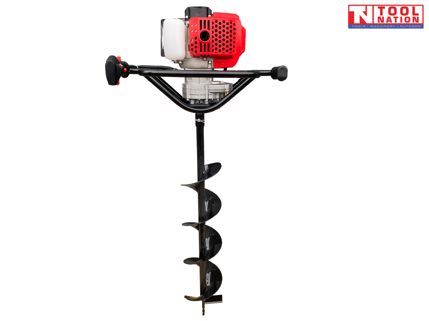 Front view of a red and black petrol earth auger with white fuel tank, black handle frame, and attached spiral auger bit.