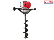Front view of a red and black petrol earth auger with white fuel tank, black handle frame, and attached spiral auger bit.