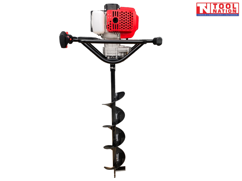 Front view of a red and black petrol earth auger with white fuel tank, black handle frame, and attached spiral auger bit.
