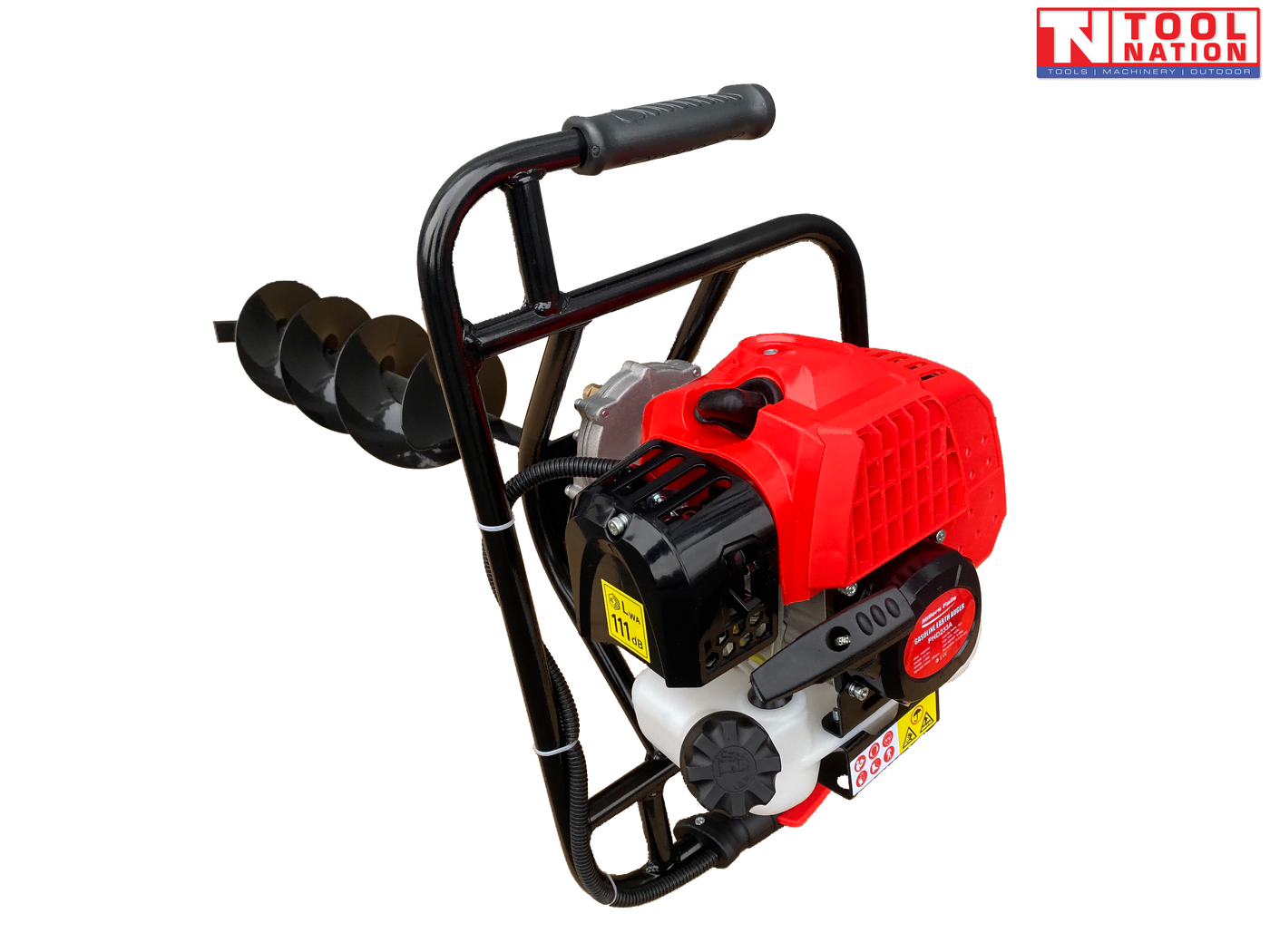 Angled rear view of a petrol earth auger showing the red engine cover, black handle frame, white fuel tank, and auger bit extending behind it.