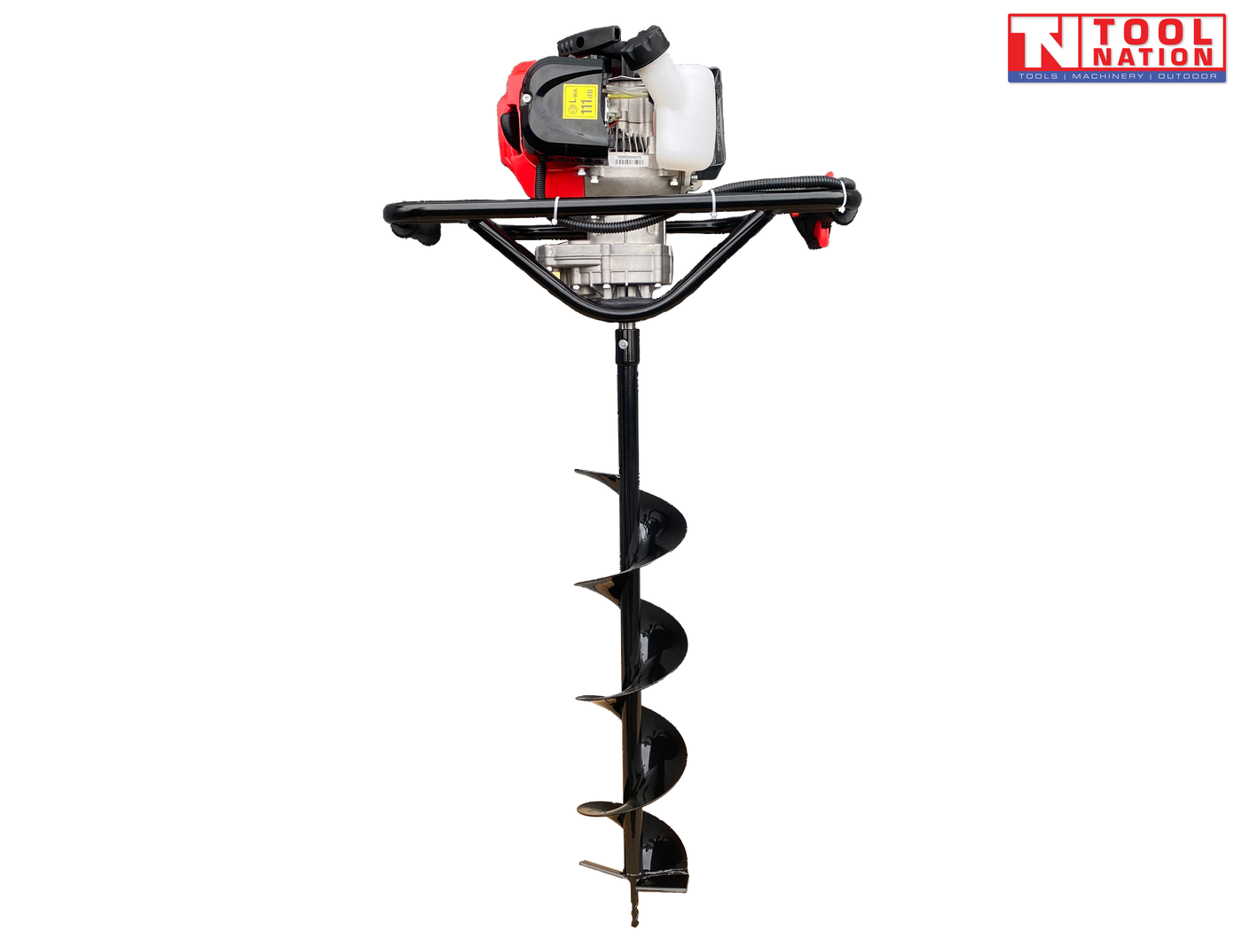 Side view of a petrol earth auger with white fuel tank, black trigger handle, red engine cover, and attached spiral auger bit.
