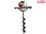Side view of a petrol earth auger with white fuel tank, black trigger handle, red engine cover, and attached spiral auger bit.