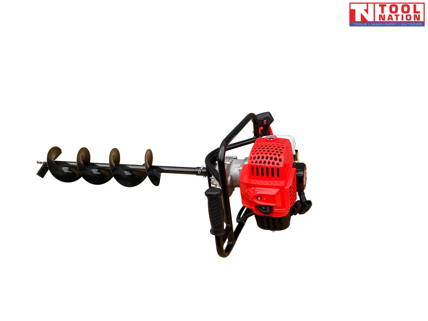 Side view of a petrol earth auger with white fuel tank, black trigger handle, red engine cover, and attached spiral auger bit.