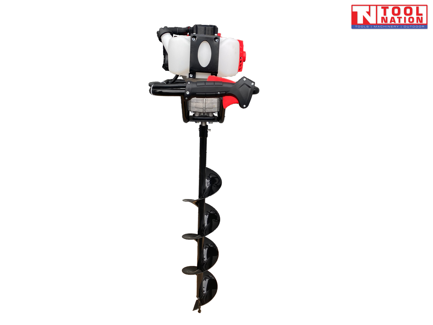 Side view of a petrol earth auger with white fuel tank, black trigger handle, red engine cover, and attached spiral auger bit.