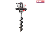 Side view of a petrol earth auger with white fuel tank, black trigger handle, red engine cover, and attached spiral auger bit.