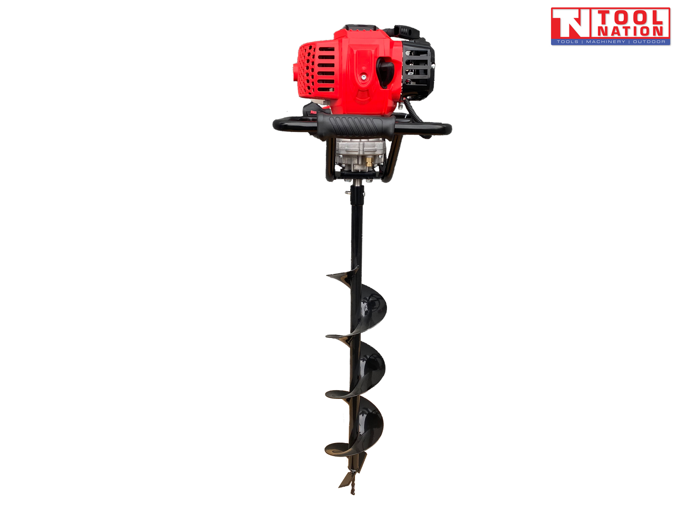 Rear view of a red and black petrol earth auger with black handle frame and attached spiral auger bit.