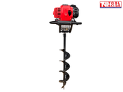 Rear view of a red and black petrol earth auger with black handle frame and attached spiral auger bit.