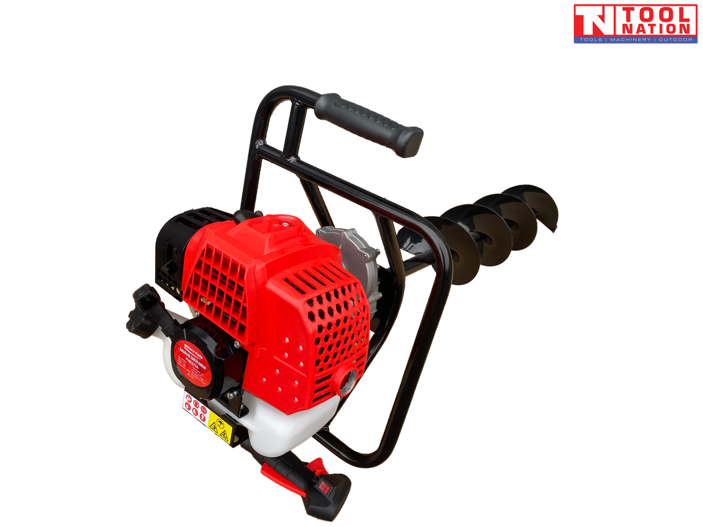 Angled top view of a petrol earth auger showing red engine cover, black handle frame, white fuel tank, and attached auger bit.