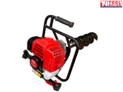 Angled top view of a petrol earth auger showing red engine cover, black handle frame, white fuel tank, and attached auger bit.
