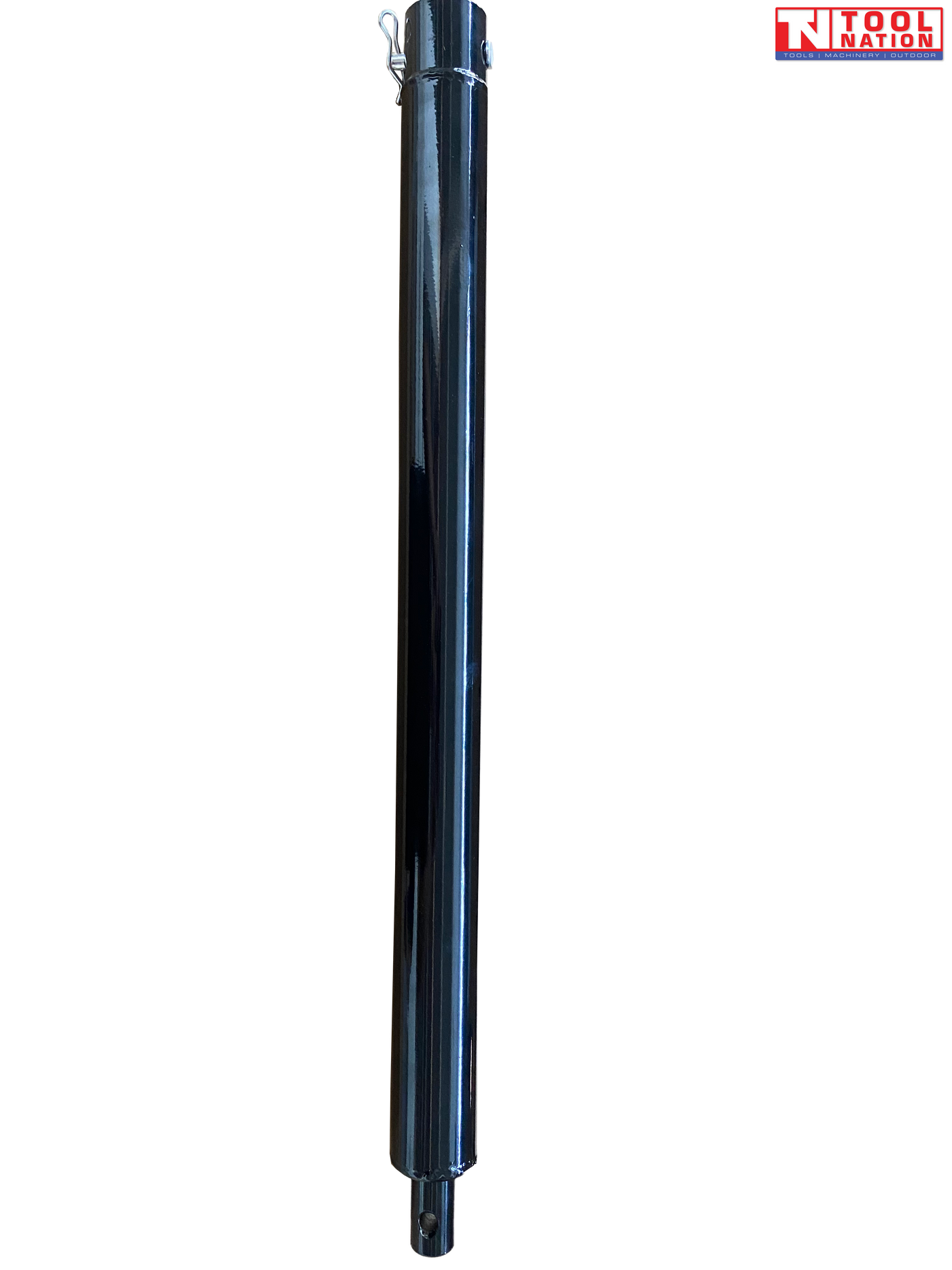 Vertical view of a black cylindrical extension bar with pin clip at the top and drilled connector end at the bottom.