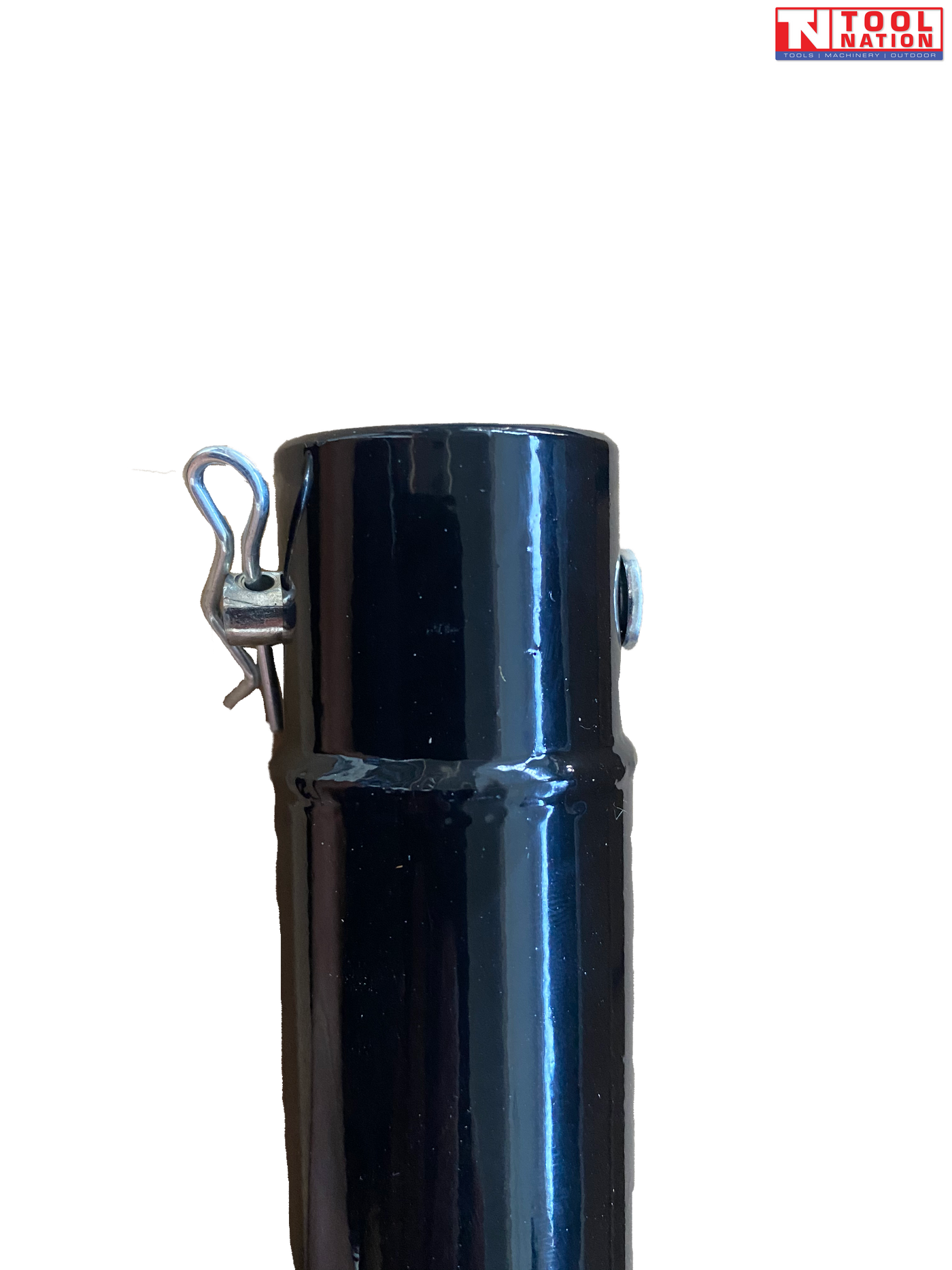 Close-up of a black cylindrical extension bar showing the top opening, pin clip, side hole, and welded seam.