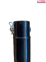 Close-up of a black cylindrical extension bar showing the top opening, pin clip, side hole, and welded seam.