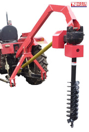 Red tractor-mounted post hole digger with yellow PTO shaft, black auger, tractor rear section, and logo in the top corner.