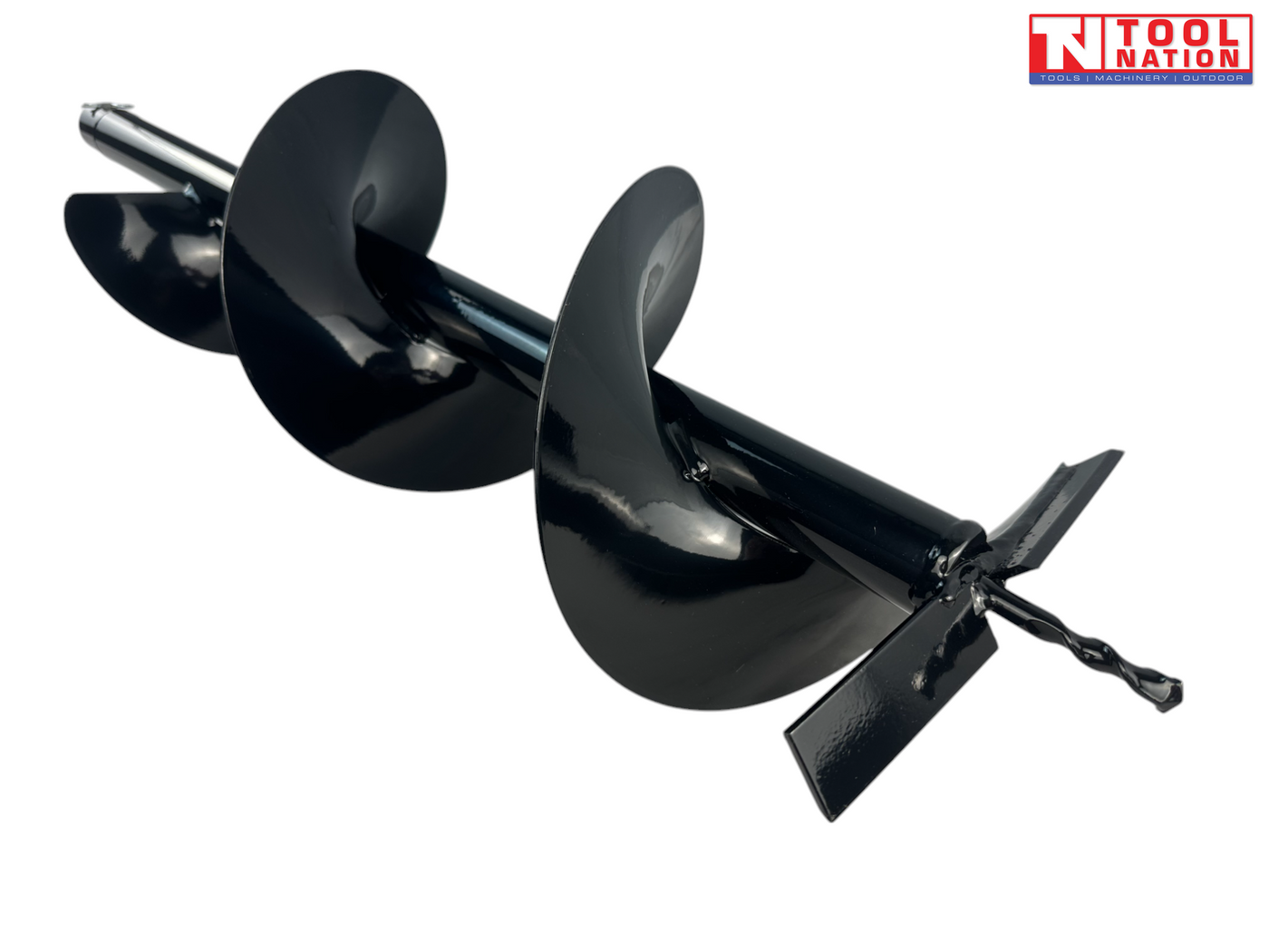 Angled view of a black auger bit with wide spiral flighting, rear pin clip, cutting plates, and twisted drill tip.