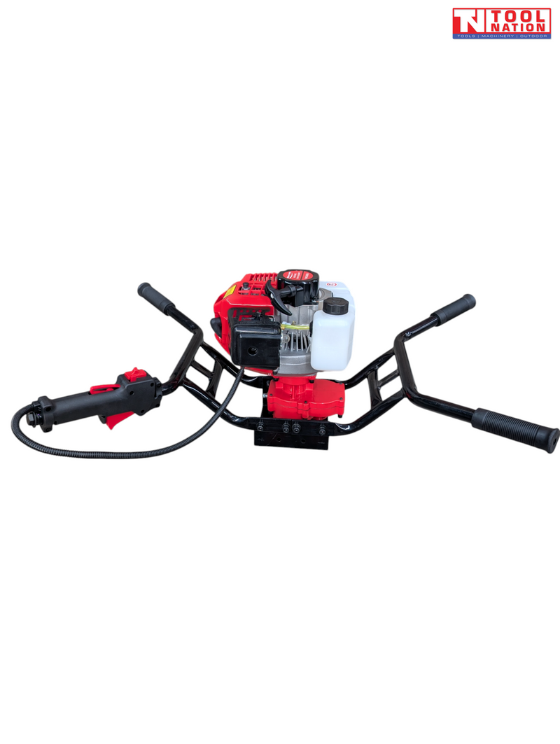 Side view of a red and black earth auger power head with wide handle frame, white fuel tank, throttle handle, and black cable.