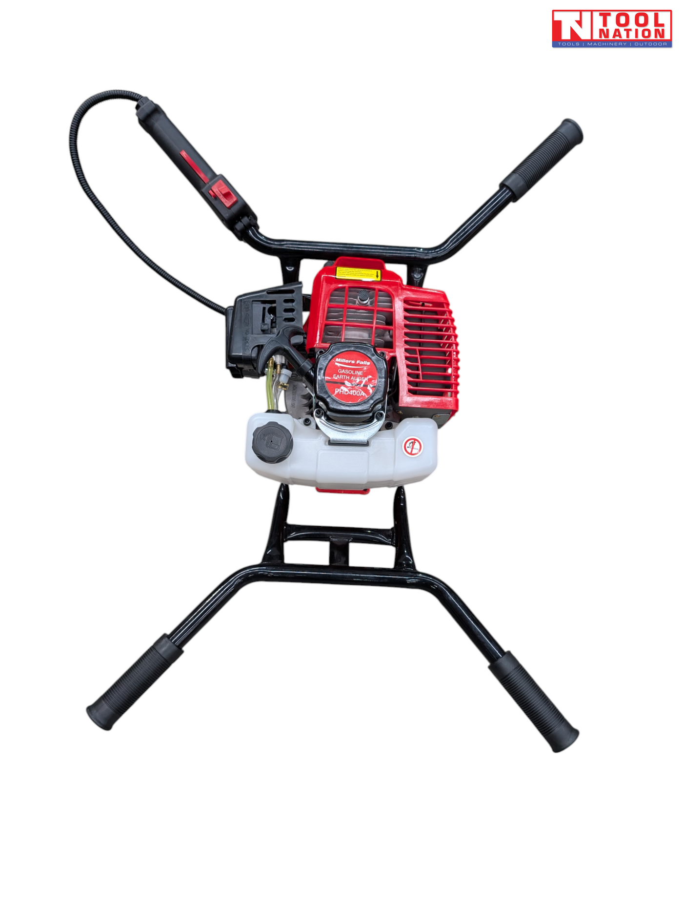 Top view of an earth auger power head with red engine cover, white fuel tank, black handle frame, and throttle handle.