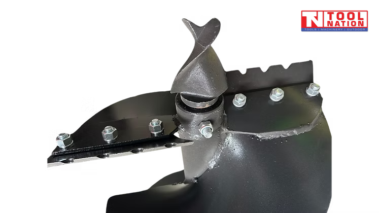 Close-up of a black earth auger tip showing bolted cutter blades, lead point, spiral flighting, and logo in the top corner.