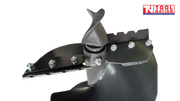 Close-up of a black earth auger tip showing bolted cutter blades, lead point, spiral flighting, and logo in the top corner.
