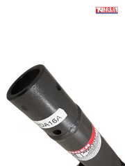 Close-up of a black earth auger top sleeve with side holes, product label, warning label, and logo in the top corner.