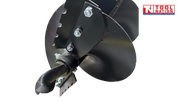 Close-up of a black earth auger tip showing cutter teeth, bolts, spiral flighting, and logo in the top corner.