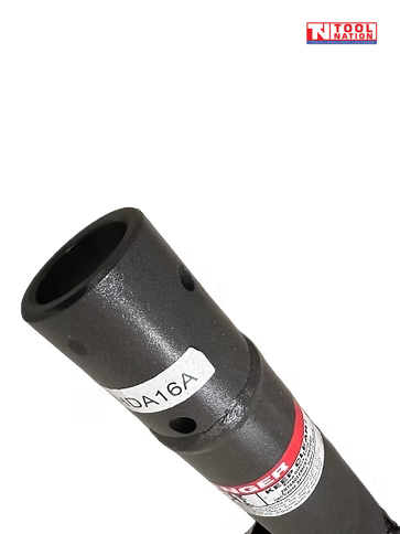 Close-up of a black earth auger top sleeve with side holes, product label, warning label, and logo in the top corner.