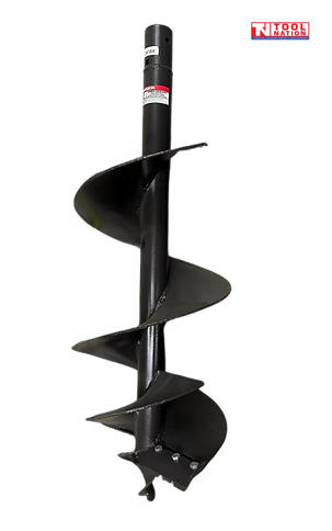 Black earth auger with spiral flighting, cutter teeth, top sleeve, visible labels, and logo in the top corner.