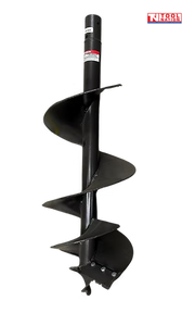 Black earth auger with spiral flighting, cutter teeth, top sleeve, visible labels, and logo in the top corner.