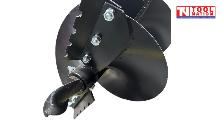 Close-up of a black earth auger tip showing cutter teeth, bolts, spiral flighting, and logo in the top corner.