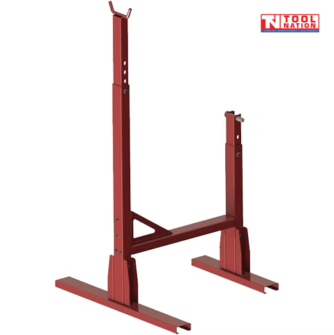 Red post hole digger stand with two upright supports, base rails, cross brace, adjustment holes, pins, and logo in the top corner.