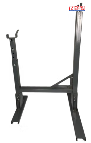 Black post hole digger stand with two upright supports, base rails, cross brace, adjustment holes, pins, and logo near the top.