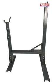 Black post hole digger stand with two upright supports, base rails, cross brace, adjustment holes, pins, and logo near the top.