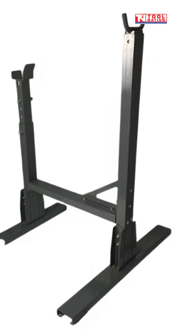 Angled view of a black post hole digger stand with upright supports, base rails, cross brace, adjustment holes, pins, and logo near the top.
