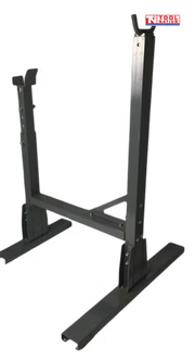 Angled view of a black post hole digger stand with upright supports, base rails, cross brace, adjustment holes, pins, and logo near the top.