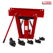 PIPE12 12 ton hydraulic pipe bender with manual jack, heavy duty red steel frame and adjustable pipe bending stand for workshop use.