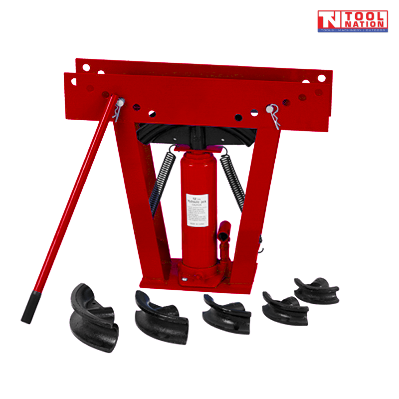 PIPE12 12 ton hydraulic pipe bender with manual jack, heavy duty red steel frame and adjustable pipe bending stand for workshop use.