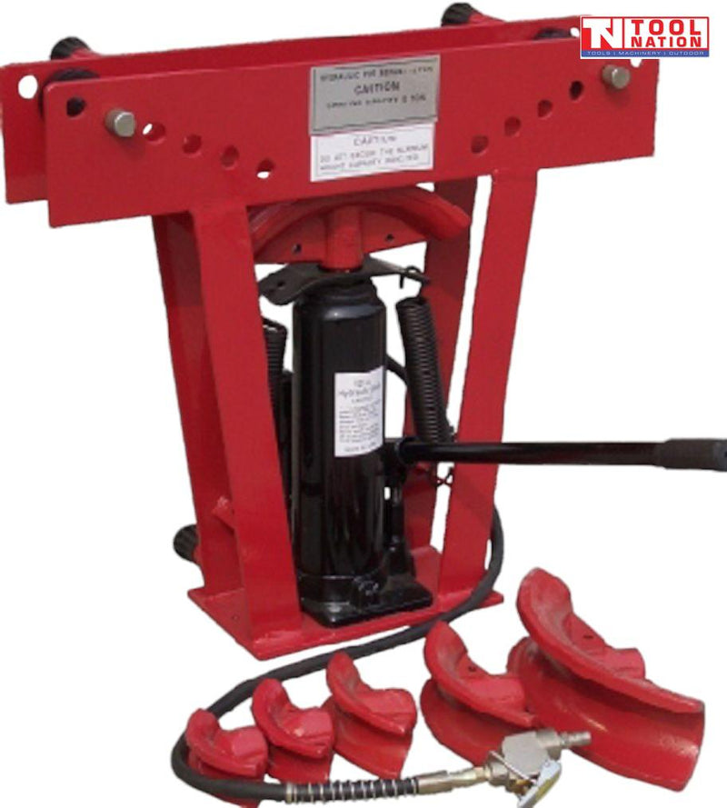 PIPE12AIR Millers Falls air and manual hydraulic pipe bender with 12 ton ram, heavy duty pipe bending machine with multiple formers for steel and galvanized pipe.