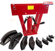 PIPE16 hydraulic pipe bender close-up of adjustable roller support and steel frame for accurate heavy duty pipe bending.