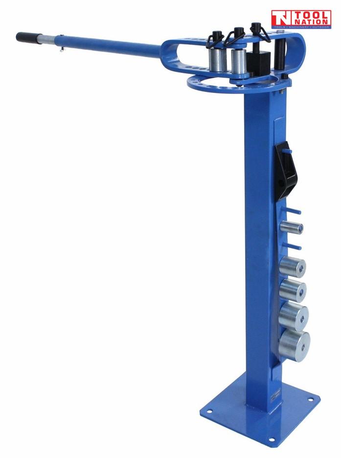 PIPE2575 Millers Falls heavy duty pedestal floor pipe bender with long handle and multiple dies, manual pipe bending machine for workshop and construction use.