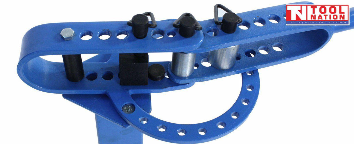 PIPE2575 pedestal floor pipe bender close-up showing adjustable bending pins and steel bending head for precise heavy duty pipe forming.