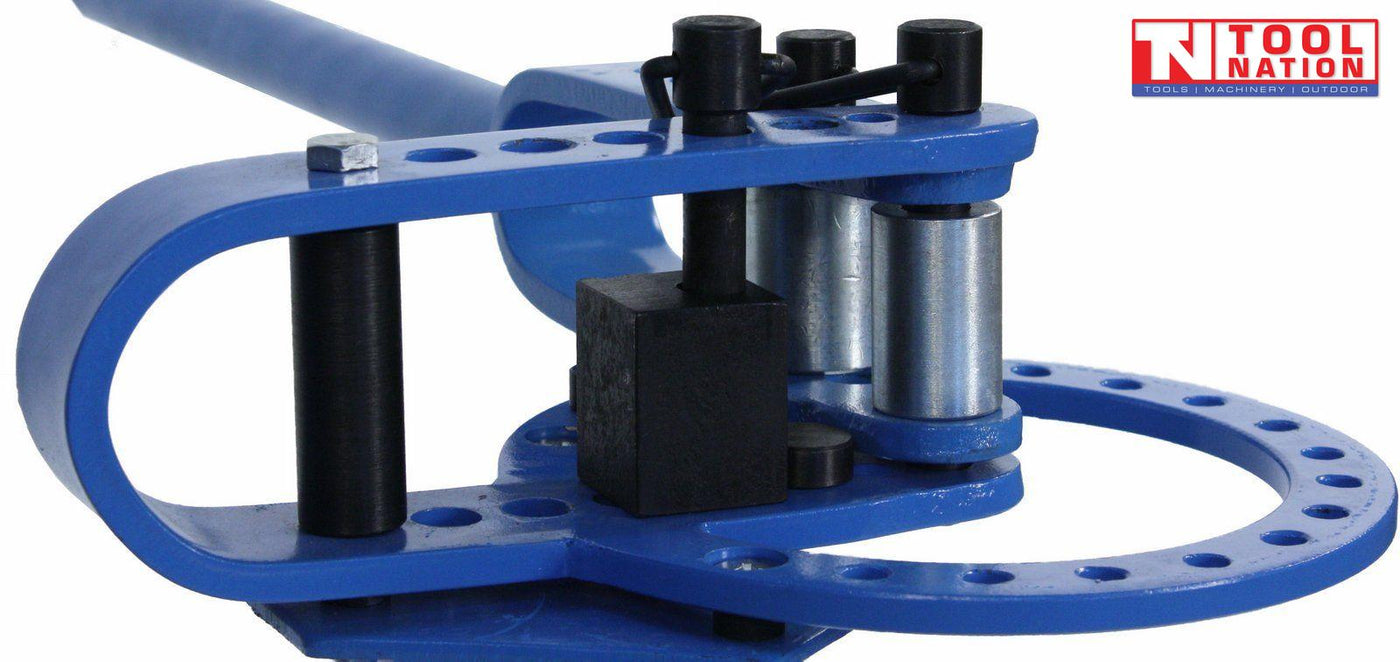 PIPE2575 heavy duty floor pipe bender close-up with roller and bending block assembly for accurate manual pipe bending.